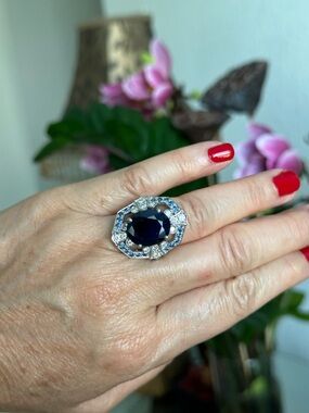 9.50ct Natural Oval Blue Sapphire & 1.10ct Diamond Halo Solitaire Ring 14kWg